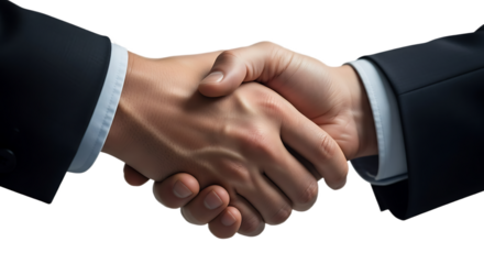 A close up of two people in suits shaking hands against a black studio background showing agreement