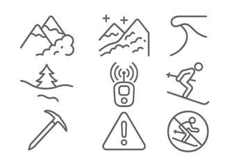 Fototapeta premium Avalanche Safety Icons. Line style icons of Northern Avalanche: Ice Patch, Snowpack, Cornice, Buried Tree, Rescue Beacon, Skier,