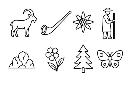 Alpine Meadow Icons. Line style icons of Alpine Meadow: Mountain Goat, Alpine Horn, Edelweiss, Shepherd, Rock Outcrop, Wildflower,