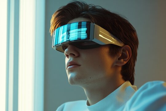A person wears a futuristic VR headset with a glitching blue display, deeply immersed in a digital experience, representing advanced human-computer interaction.