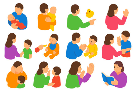 Parenting Hand Gestures. Isometric vector illustration set Parenting Hand Gestures: rocking baby, patting back, pointing to toy,