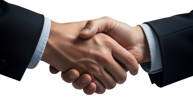 A close up of two people in suits shaking hands against a black studio background showing agreement
