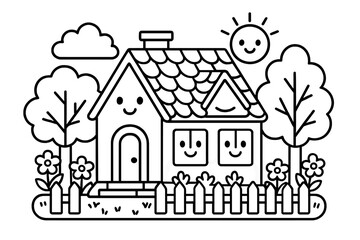 Fototapeta premium Cozy House Coloring. Cozy house with smiling windows surrounded by trees, flowers, and a picket fence, black and white line art,