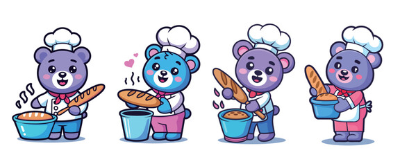 Adorable cartoon bears dressed as chefs joyfully bake fresh bread with smiles and hearts, perfect for culinary themes