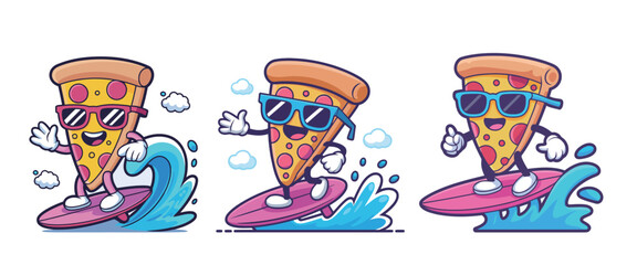 Cool pizza slices surf the ocean waves wearing sunglasses embodying summer fun and adventure