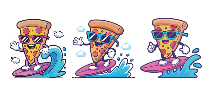 Cool pizza slices surf the ocean waves wearing sunglasses embodying summer fun and adventure