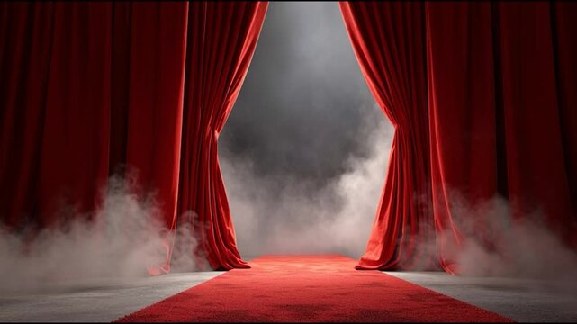 A dramatic scene featuring red curtains parting, revealing a foggy space beyond, creating a theatrical atmosphere.