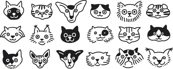 Collection of cute dunny doodle cats faces set. Black color. Isolated icons. Vector outline illustrations isolated on white background. Line art, sketch style, different cat heads collection.