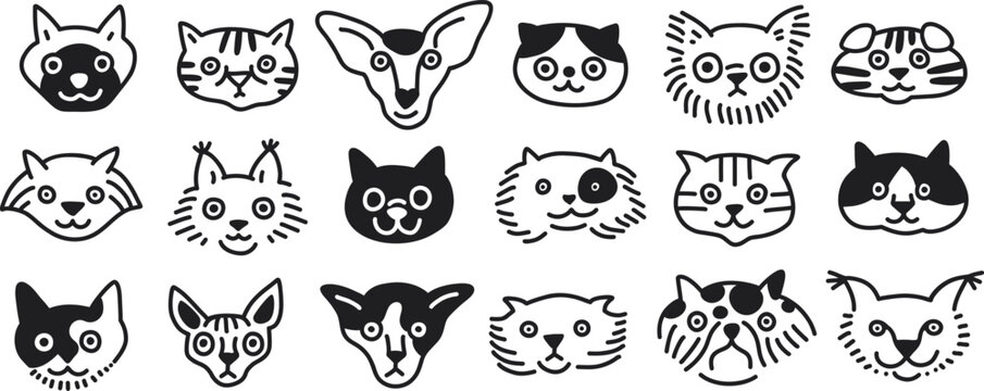 Collection of cute dunny doodle cats faces set. Black color. Isolated icons. Vector outline illustrations isolated on white background. Line art, sketch style, different cat heads collection.