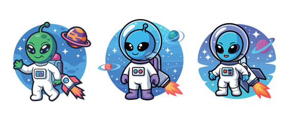 Cute cartoon aliens exploring space with rockets and planets, perfect for children's books, educational materials, and fun designs