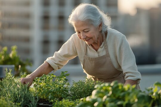 An elderly woman with white hair happily tends to her vibrant rooftop herb garden, gently caring for the flourishing plants.