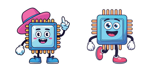 Fun cartoon CPU characters with expressive faces and playful poses ready for technology, education, and design projects