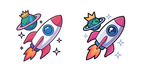 Cartoon rocket ship soaring through space with Earth, stars, and crown, ready for adventure and exploration in a vibrant, dynamic design