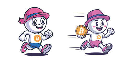 Bitcoin mascot characters enthusiastically running with crypto coins, embodying digital currency success and financial growth, perfect for investment themes