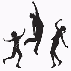 Silhouette of three happy people jumping