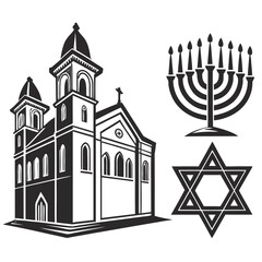 Church, menorah, and star of david