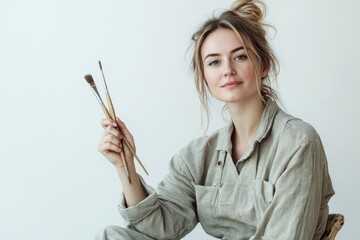 Obraz premium A serene young woman, an artist, holds paintbrushes with a gentle smile against a minimalist white background, ready to create.