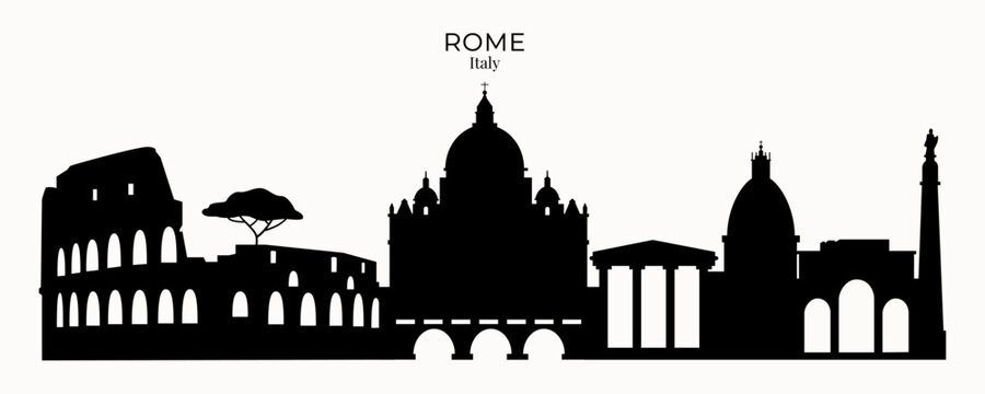 Stylish vector silhouette of Rome with Colosseum, cypress trees, bridge with statues, and St. Peter&rsquo;s Basilica. Minimalist cityscape design, for travel, souvenirs, posters, tourist guides, branding.