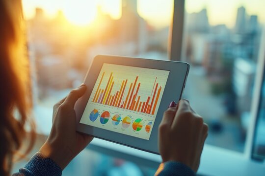 Hands hold a tablet with business charts and graphs. Sunlight illuminates a cityscape background, representing data analysis and financial insights.