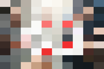Pixelated abstract face with red and white squares, conveying a sense of mystery and digital art, rendered in a mosaic style with muted tones and sharp contrasts
