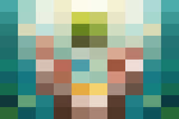 Pixelated abstract representation of a figure with a green head and colorful torso, set against a gradient of teal and green hues, evoking a sense of digital art and modern design