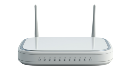 Wireless router internet device white isolated on white background or transparent png, high-speed Wi-Fi modem for home or office connectivity.