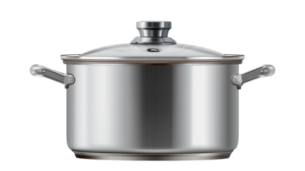 A stainless steel cooking pot isolated on a white background, shown as a transparent png style image with modern kitchen design.