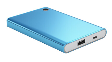 A blue power bank isolated on a white background, shown as a transparent png style image with sleek modern portable design.