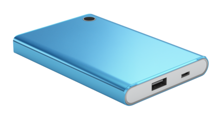 A blue power bank isolated on a white background, shown as a transparent png style image with sleek modern portable design.