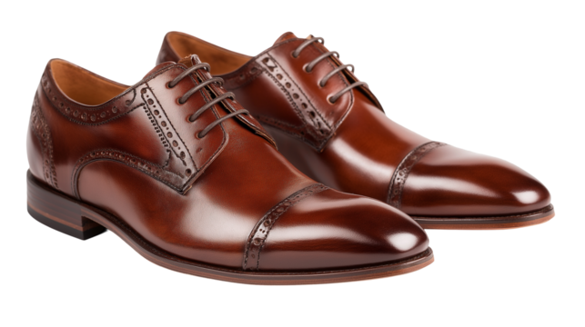 Brown leather pair of shoes isolated on white background or transparent png, stylish classic footwear with polished finish for formal or casual wear.