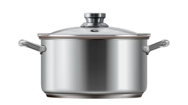 A stainless steel cooking pot isolated on a white background, shown as a transparent png style image with modern kitchen design.