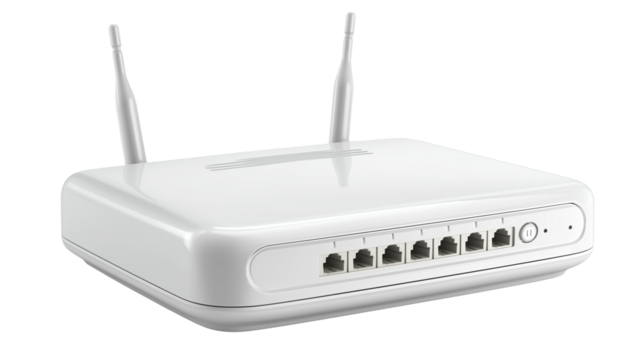 Wireless router internet device white isolated on white background or transparent png, high-speed Wi-Fi modem for home or office connectivity.