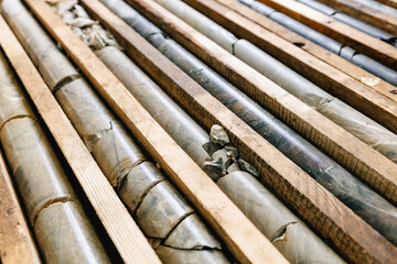 Core samples in geological laboratory. Mining geology exploration of minerals.