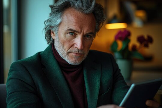 A distinguished man with grey hair and beard, wearing a green blazer and burgundy turtleneck, intently looking at the camera while holding a tablet. - Powered by Adobe