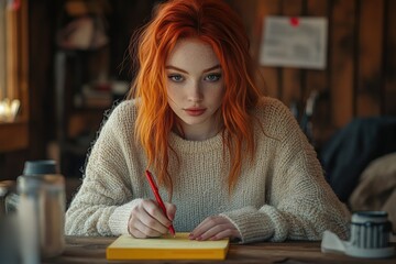 Red-haired woman with blue eyes and freckles, wearing a cream sweater, writing on a yellow notepad with a red pen.