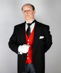 Butler or Hotel Concierge in Formal Suit and White Gloves At Your Service. Professional Hospitality.