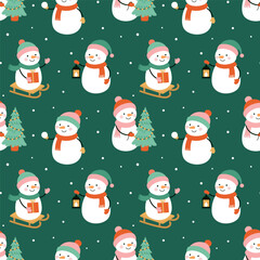 Cute seamless winter pattern with snowmen, gifts, and Christmas trees on green background.