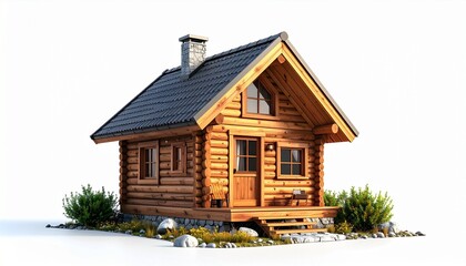 Small rustic log cabin with gabled roof, chimney, porch, and minimal landscaping