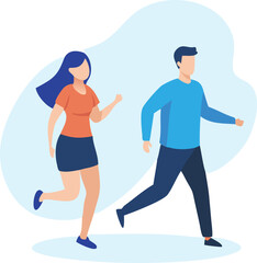 Energetic young man and woman in casual athletic wear running together outdoors with a light blue abstract background symbolizing movement and activity