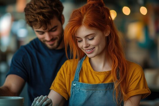 A smiling redhead woman works on pottery with a supportive bearded man, sharing a happy, creative, and focused activity.