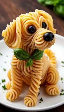 Funny cartoon dog with a messy bowl of spaghetti in a playful and comical style, illustration for pet food and humor
