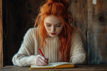 A thoughtful redhead woman with flowing hair and freckles, wearing a cozy sweater, intently writes in a notebook with a red pen.