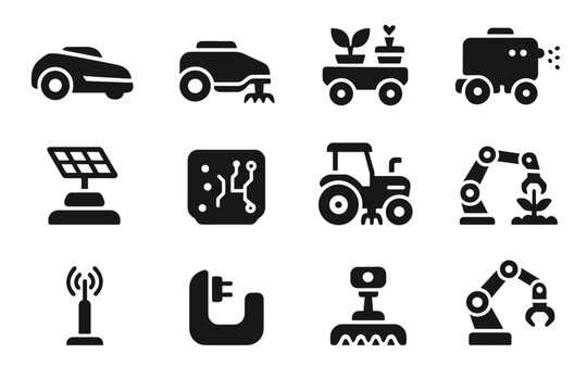 Solar icon robotic control arm navigation gardening planter mower unit robots smart