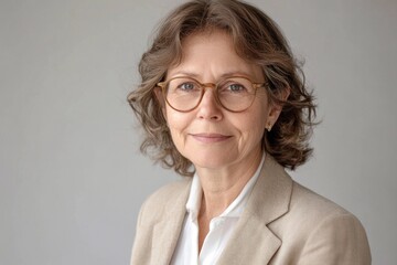 A confident, mature woman with glasses and a beige blazer smiles gently against a neutral background. Professional portrait.