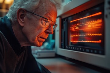 An elderly researcher with glasses intently examines glowing medical monitor displaying complex biological waveforms and data in a dimly lit lab.