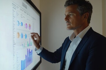 Focused businessman interacts with a large touch screen displaying business intelligence dashboards, analyzing data for strategic decision-making.