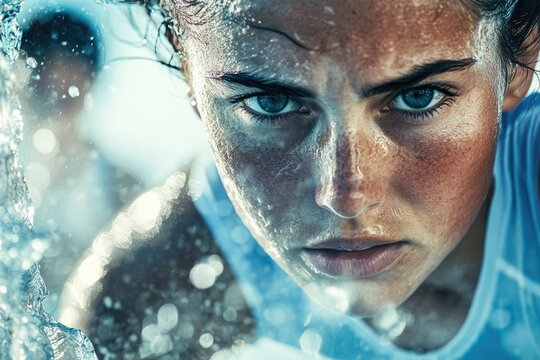 A determined female athlete, face covered in sweat and water, intensely stares forward, showcasing strength, focus, and raw emotion in a challenging environment.