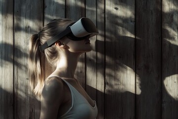 Fototapeta premium A young woman wearing a VR headset looks upwards, deeply immersed in a virtual reality experience against a sun-dappled wooden wall. Modern immersion.