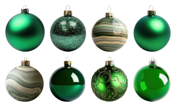 PNG Elegant green Christmas ornaments variety, element set on transparent background