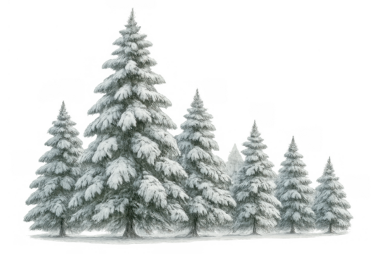 Snow covered pine trees in a winter forest scene with a transparent background, depicting a cold season or christmas holiday